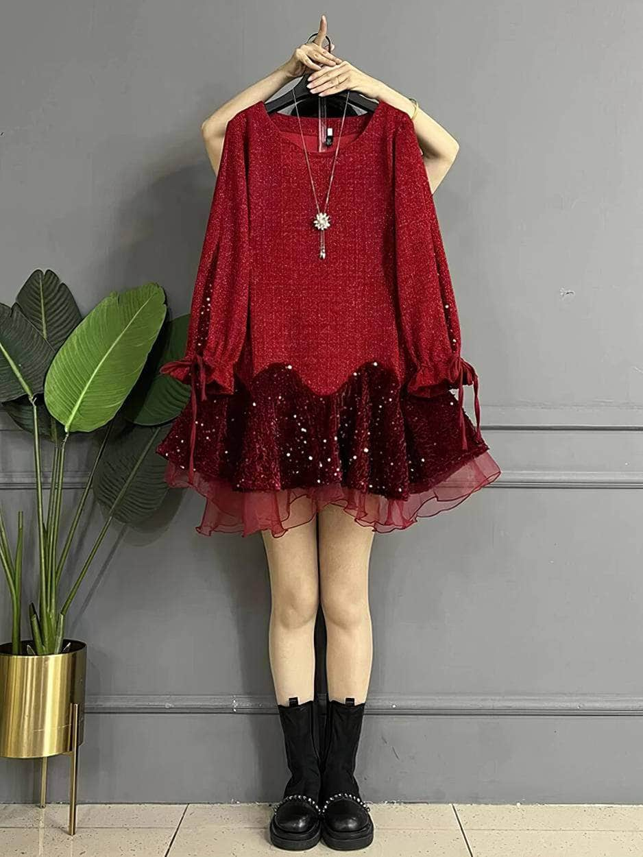 Plus Size Long Sleeves Drawstring Sequin Mesh Ruffled Dress US 16-18 / Red