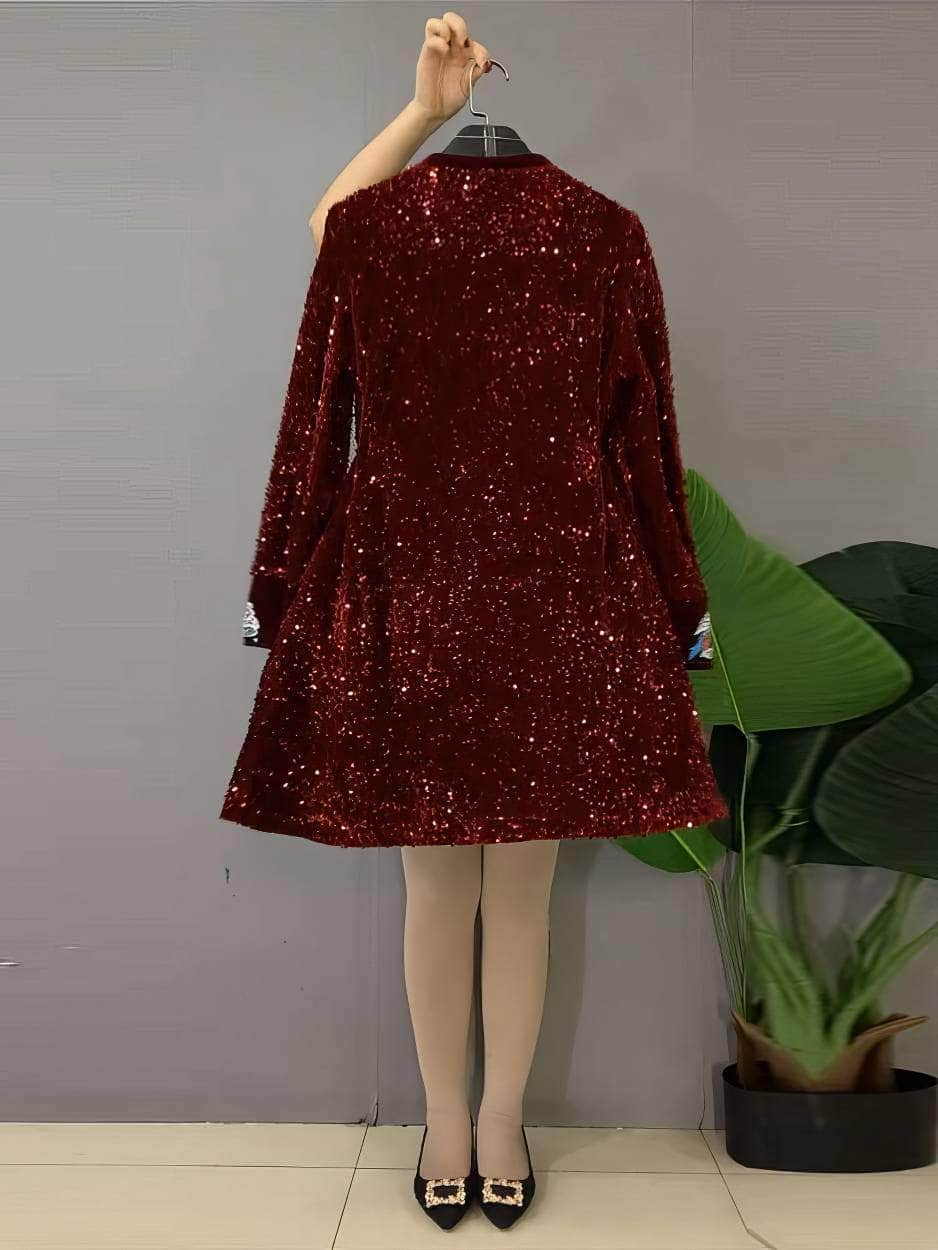 Plus Size Long Sleeves Embroidered Detailed Sequin Dress