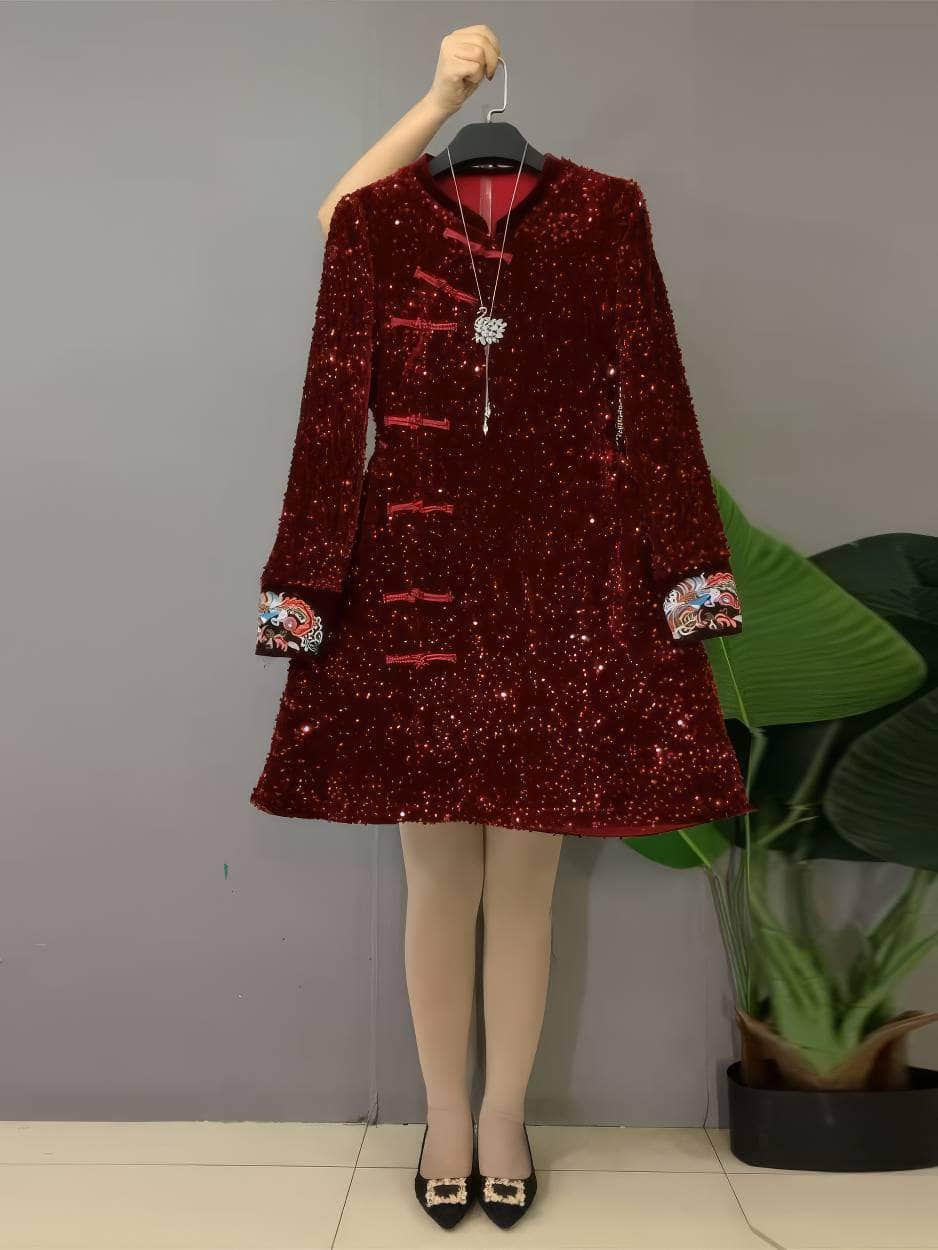 Plus Size Long Sleeves Embroidered Detailed Sequin Dress US 16-18 / DarkRed