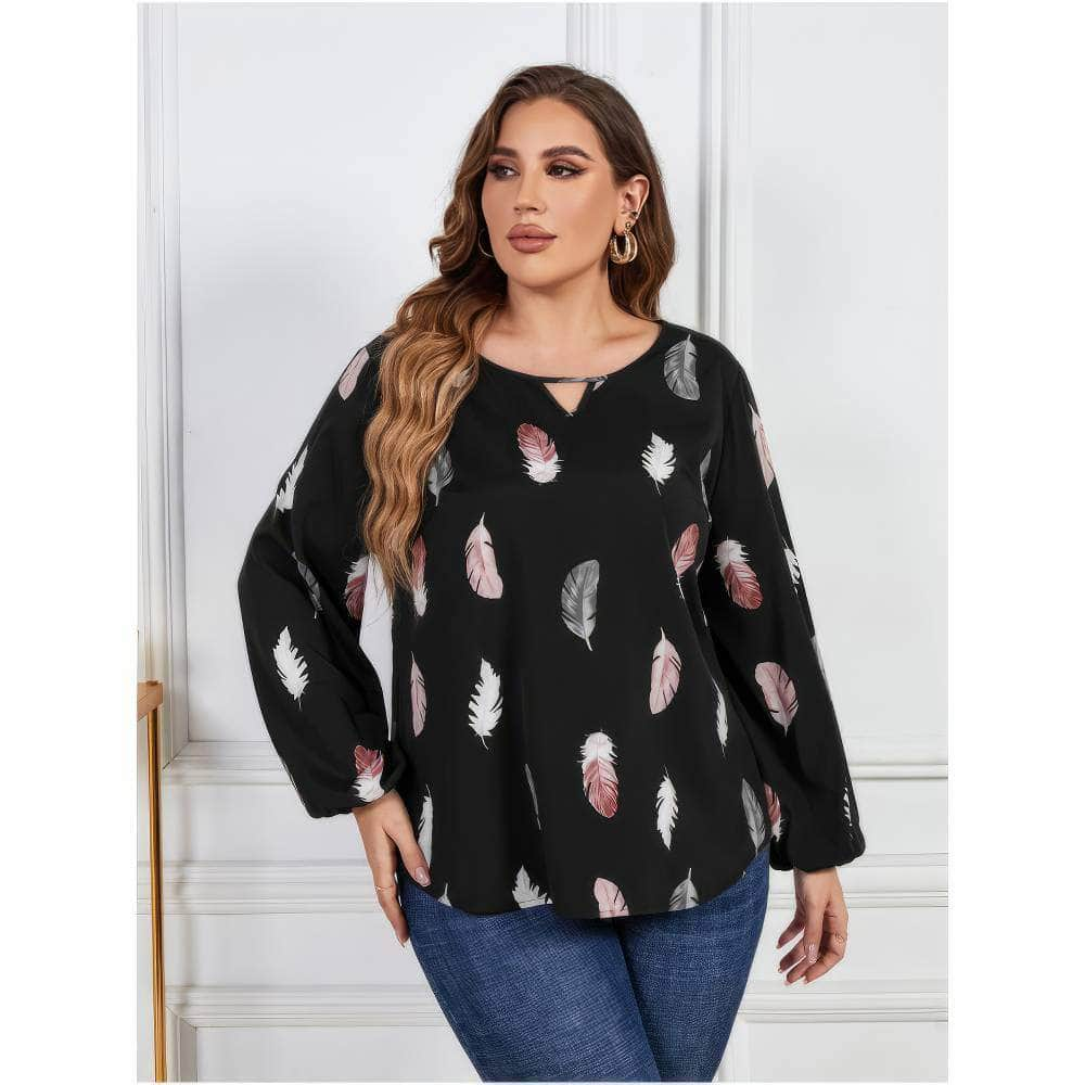 Plus Size Long Sleeves Feather Print Blouse