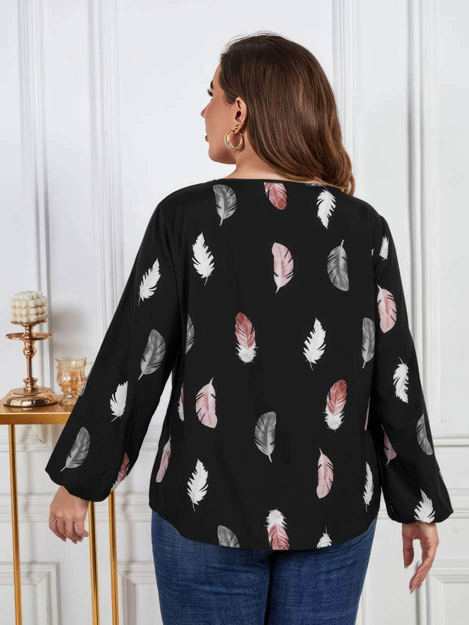 Plus Size Long Sleeves Feather Print Blouse