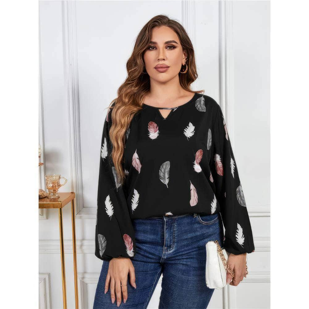 Plus Size Long Sleeves Feather Print Blouse