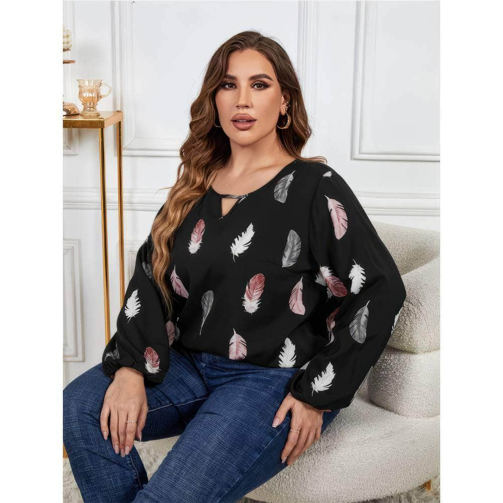 Plus Size Long Sleeves Feather Print Blouse