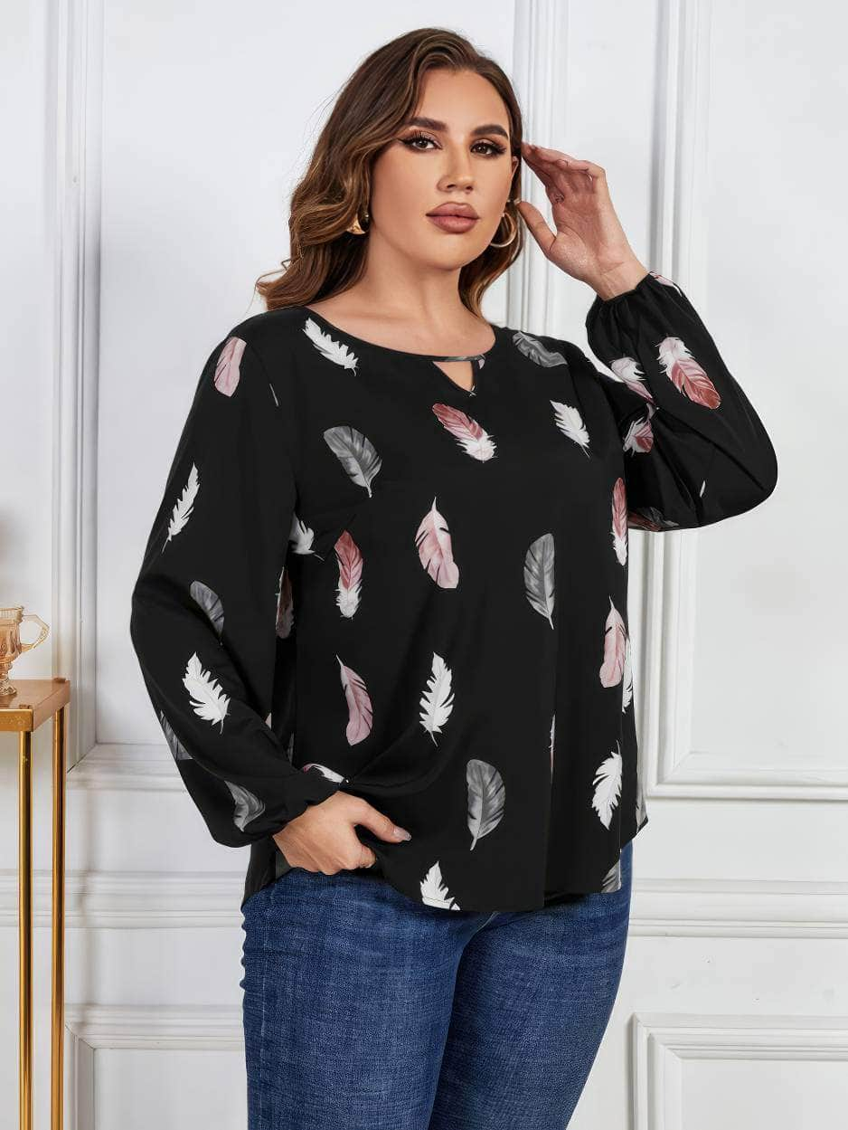 Plus Size Long Sleeves Feather Print Blouse US 16-18 / Black