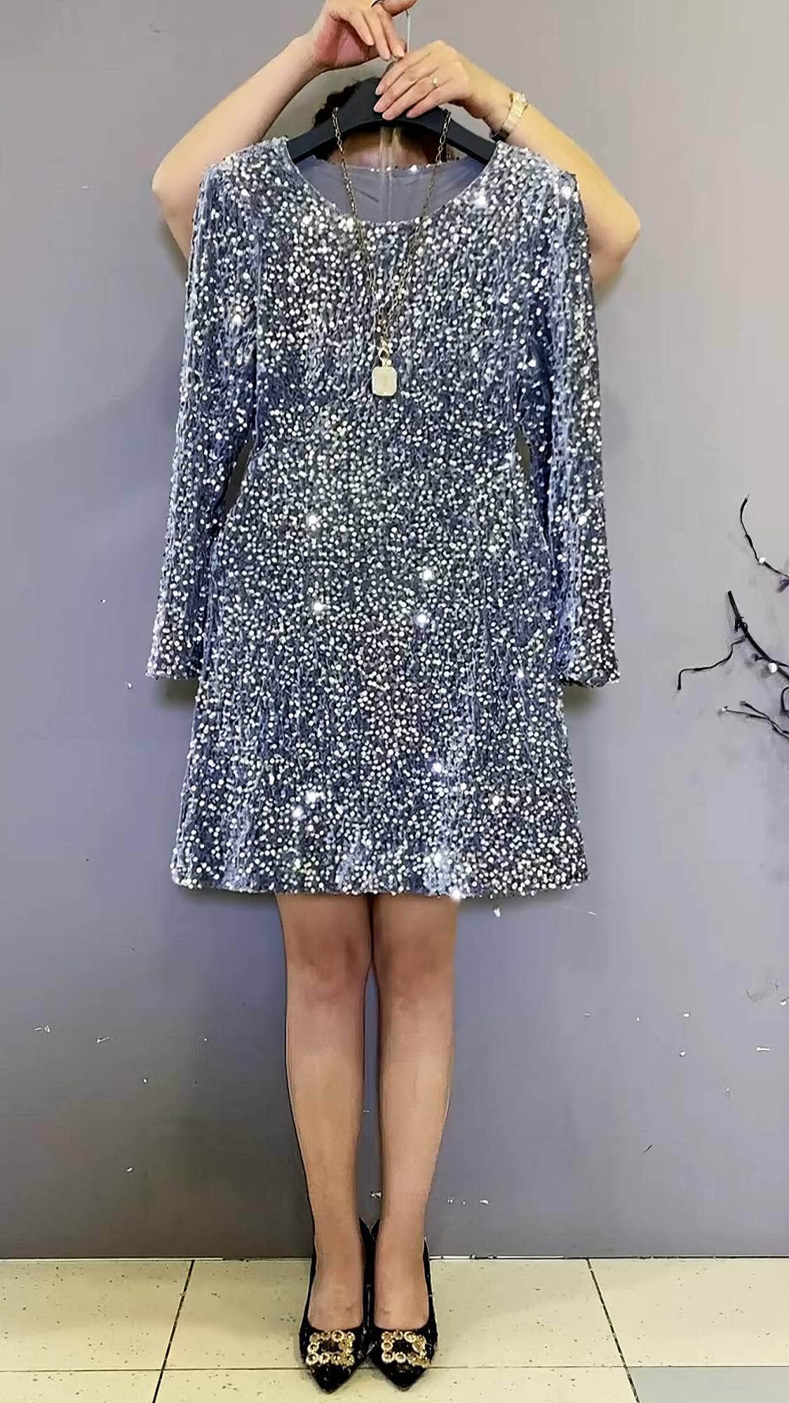 Plus Size Long Sleeves Full Sequin Round Neck Dress