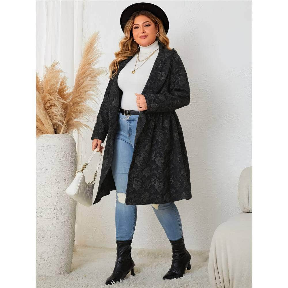 Plus Size Long Sleeves Hooded Floral Trench Coat