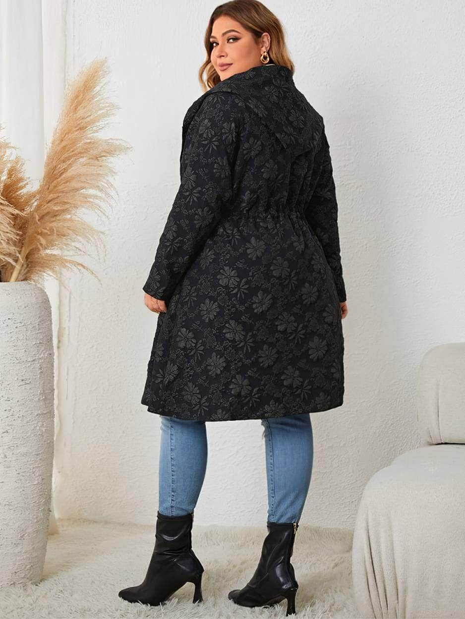 Plus Size Long Sleeves Hooded Floral Trench Coat