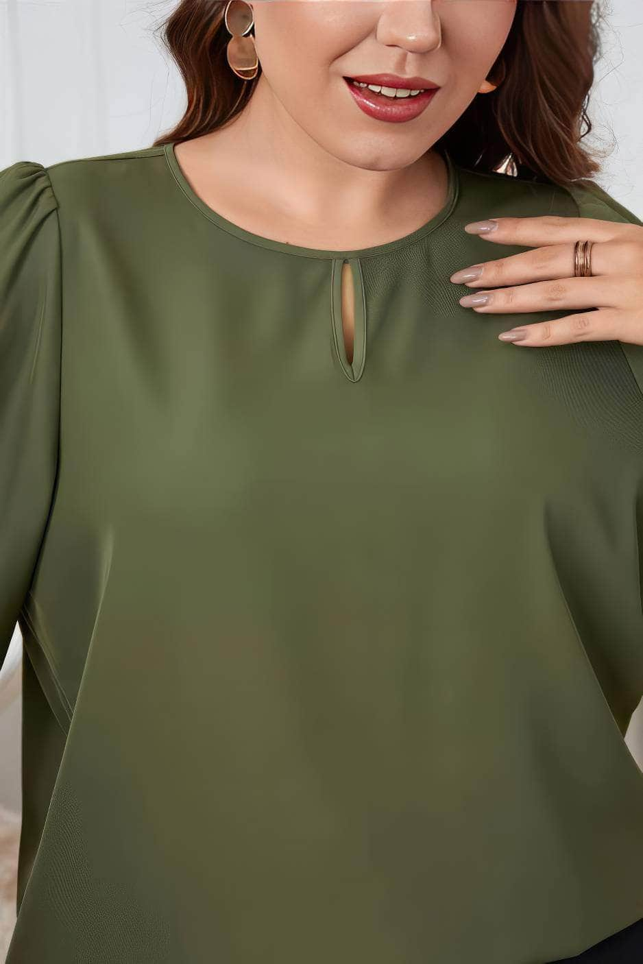 Plus Size Long Sleeves Keyhole Detailed Blouse