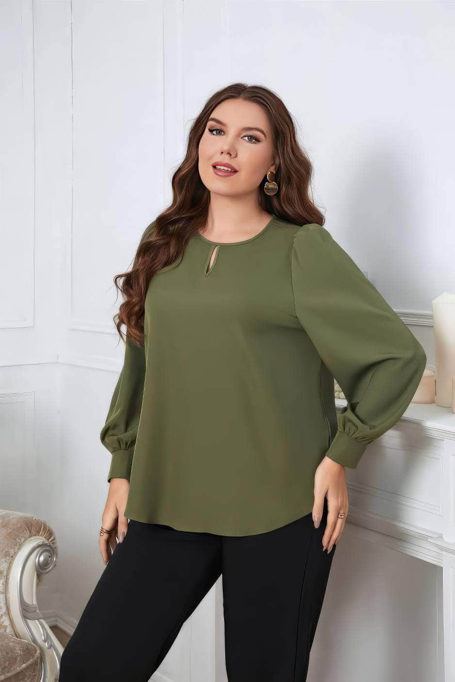 Plus Size Long Sleeves Keyhole Detailed Blouse