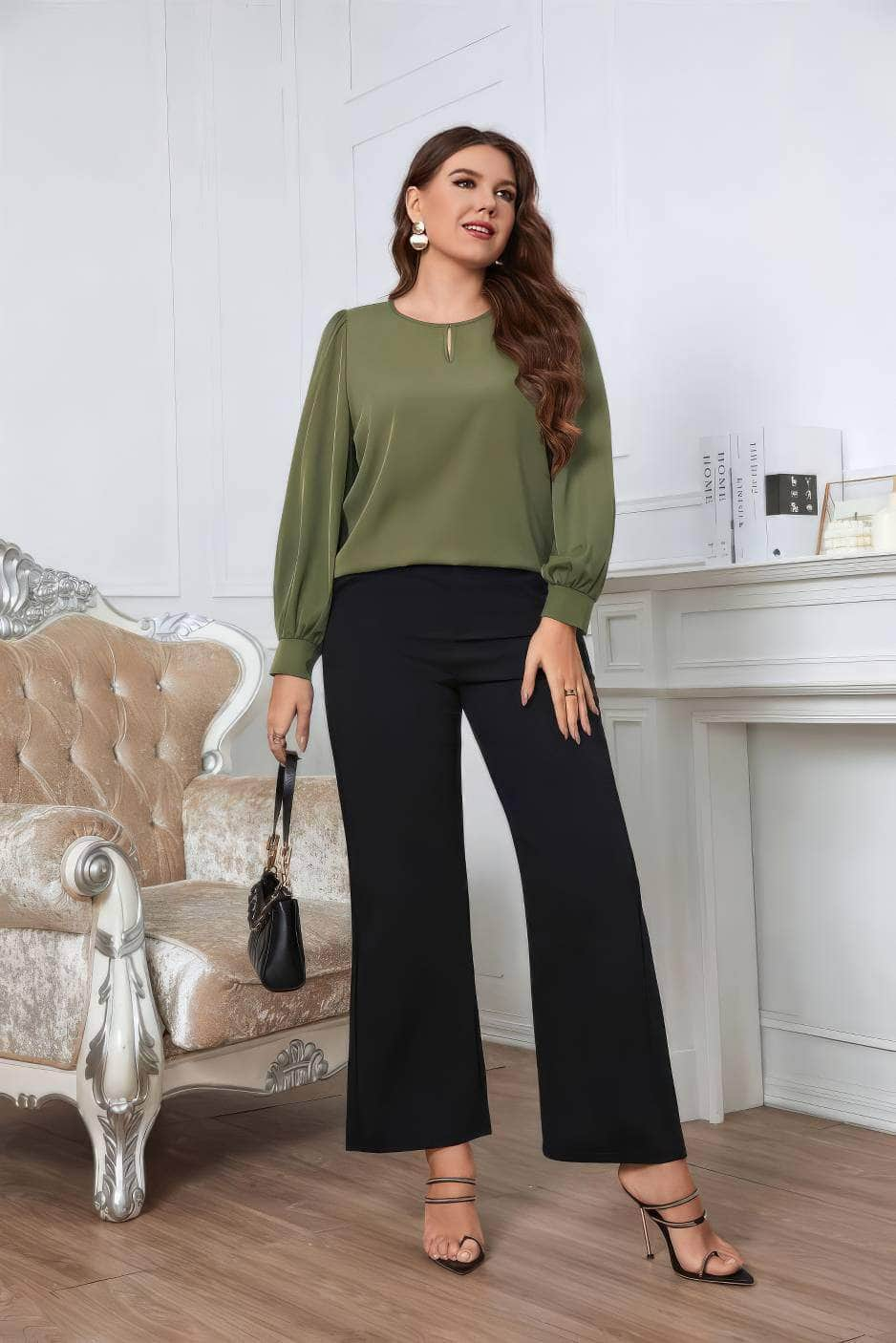 Plus Size Long Sleeves Keyhole Detailed Blouse