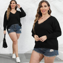 Plus Size Long Sleeves Lace Trim Rib Knit Sweater Top