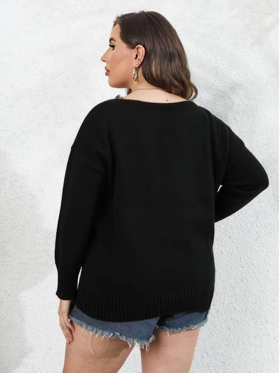 Plus Size Long Sleeves Lace Trim Rib Knit Sweater Top