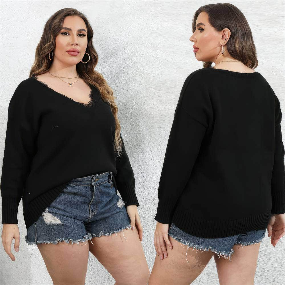 Plus Size Long Sleeves Lace Trim Rib Knit Sweater Top