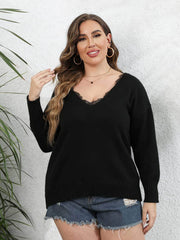 Plus Size Long Sleeves Lace Trim Rib Knit Sweater Top US 16-18 / Black