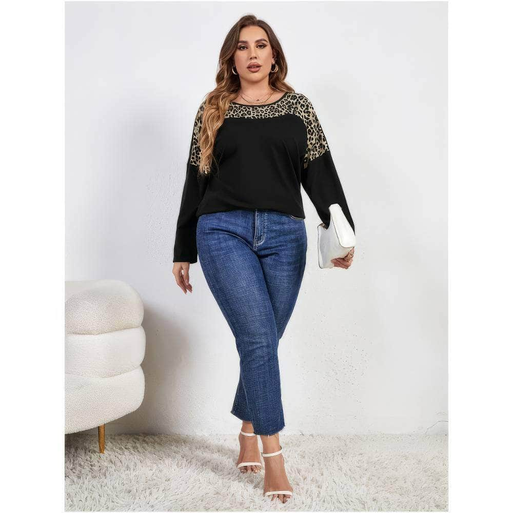 Plus Size Long Sleeves Leopard Patch Round Neck Blouse