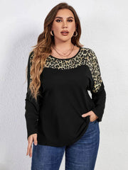 Plus Size Long Sleeves Leopard Patch Round Neck Blouse US 16-18 / Black