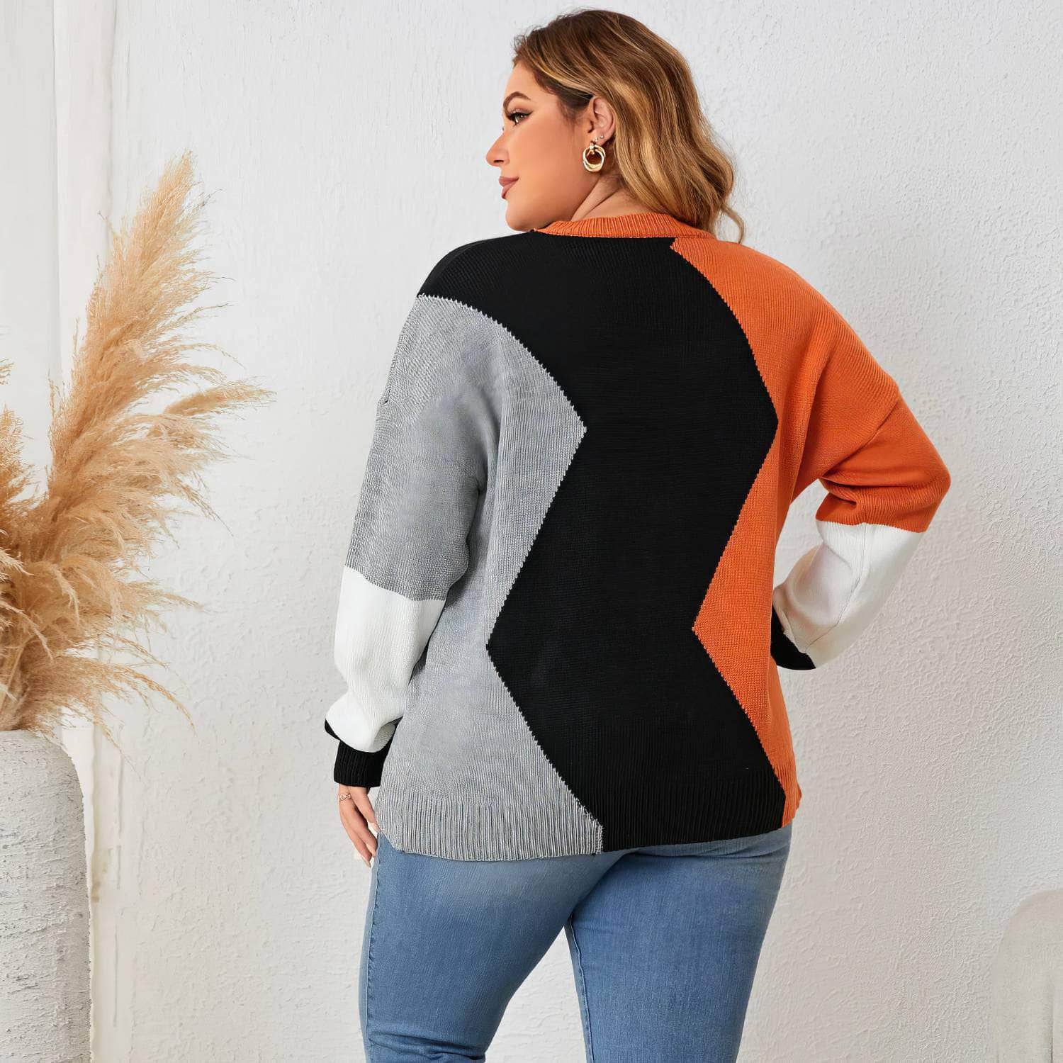 Plus Size Long Sleeves Loose Fit  Multicolor Patchwork Sweater Shirt