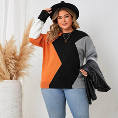 Plus Size Long Sleeves Loose Fit  Multicolor Patchwork Sweater Shirt