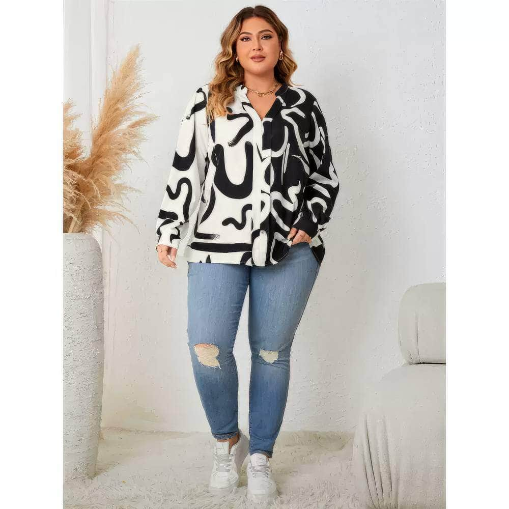 Plus Size Long Sleeves Patterned Two-Toned Print Shirt