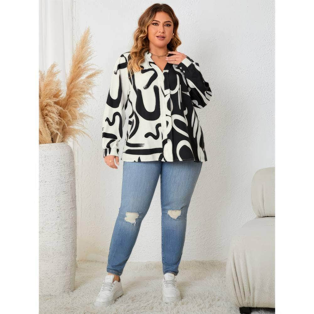 Plus Size Long Sleeves Patterned Two-Toned Print Shirt