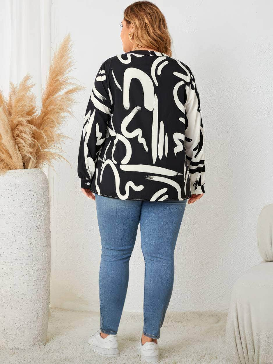 Plus Size Long Sleeves Patterned Two-Toned Print Shirt