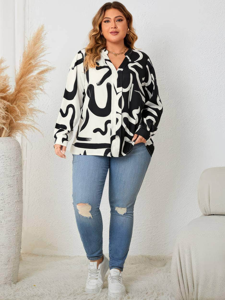 Plus Size Long Sleeves Patterned Two-Toned Print Shirt US 16-18 / White