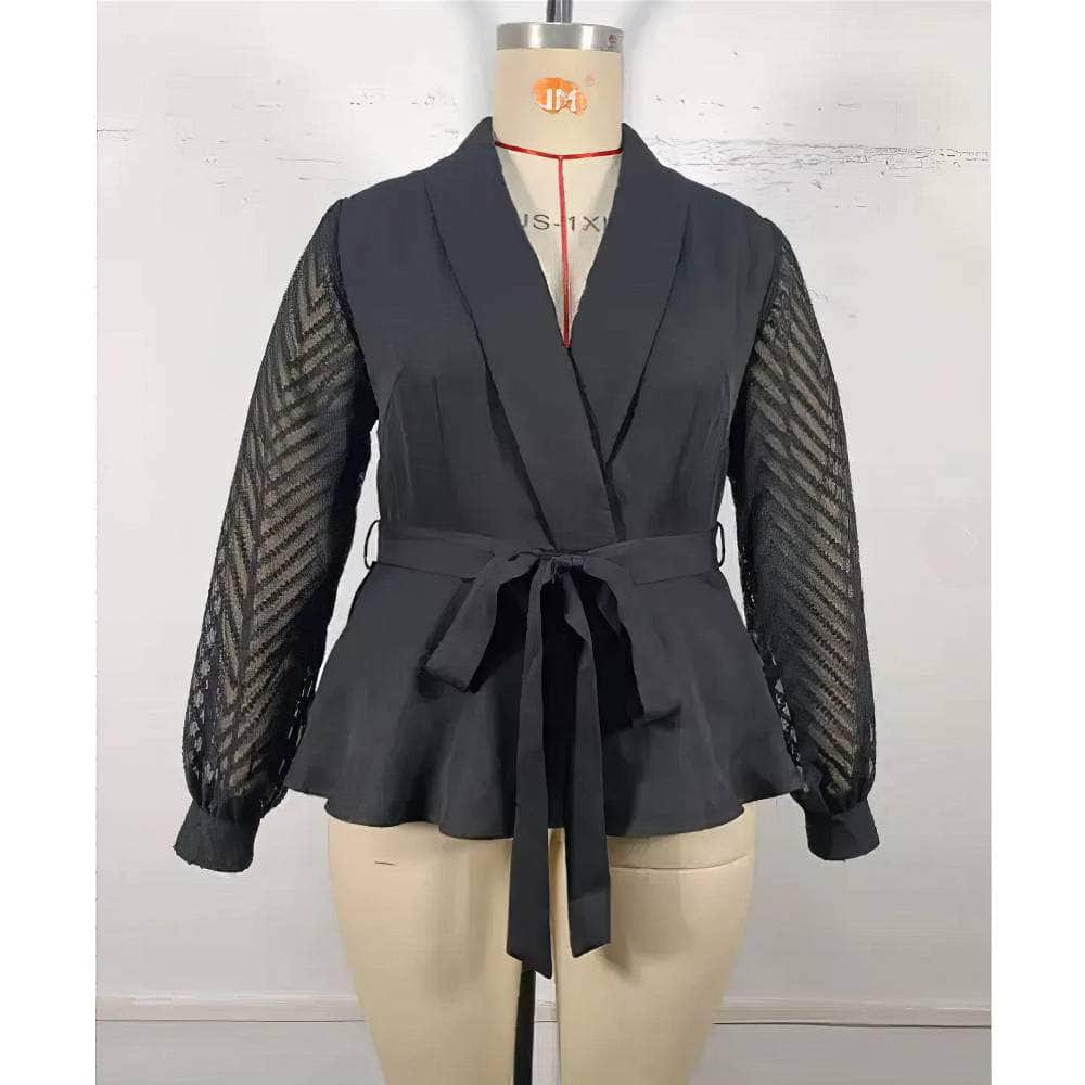 Plus Size Long Sleeves Peplum Front Sash Collared Top