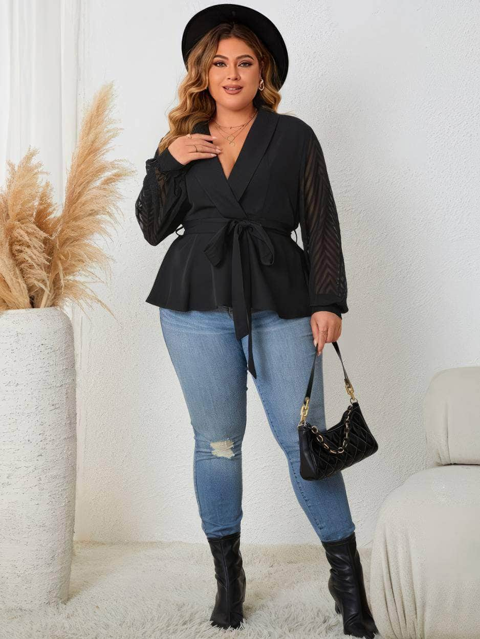 Plus Size Long Sleeves Peplum Front Sash Collared Top US 16-18 / Black