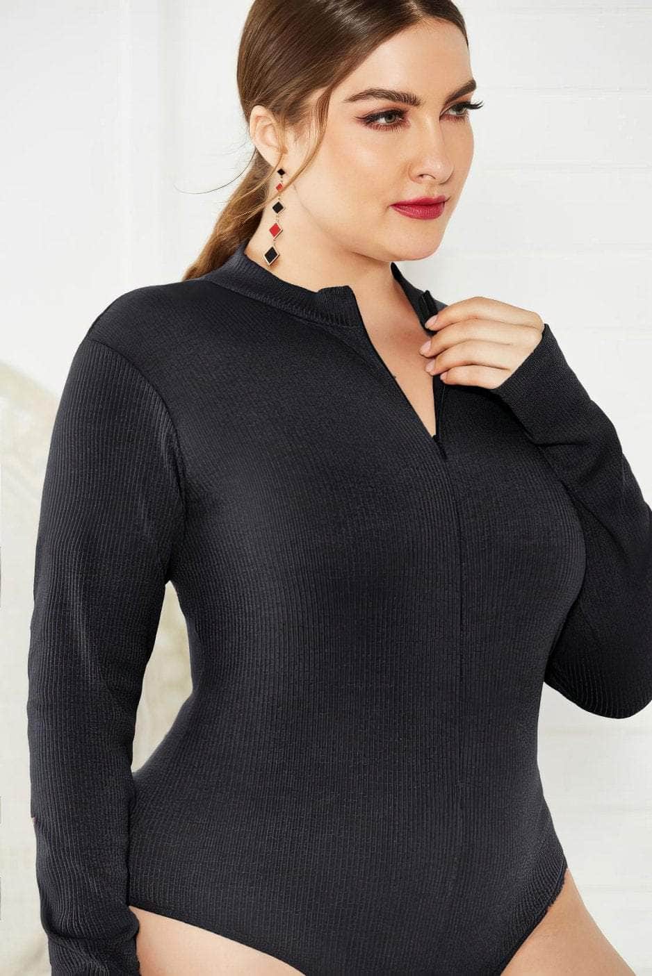 Plus Size Long Sleeves Rib Knitted Turtle Neck Bodysuit