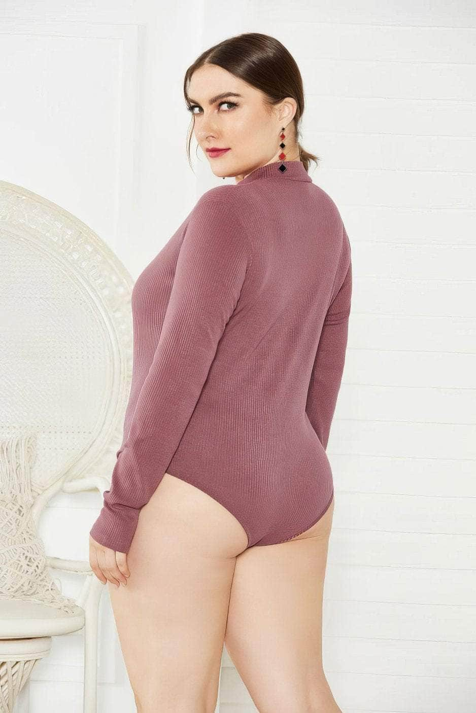 Plus Size Long Sleeves Rib Knitted Turtle Neck Bodysuit