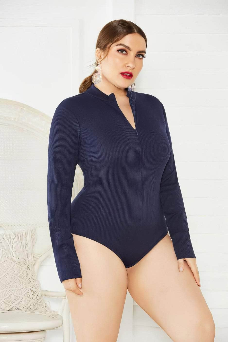 Plus Size Long Sleeves Rib Knitted Turtle Neck Bodysuit