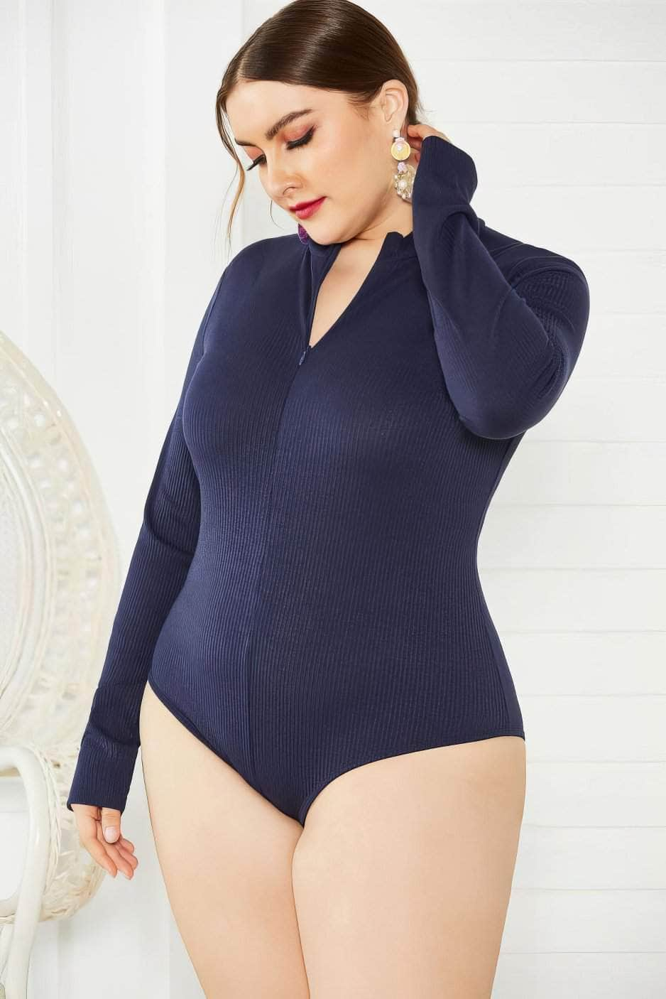 Plus Size Long Sleeves Rib Knitted Turtle Neck Bodysuit