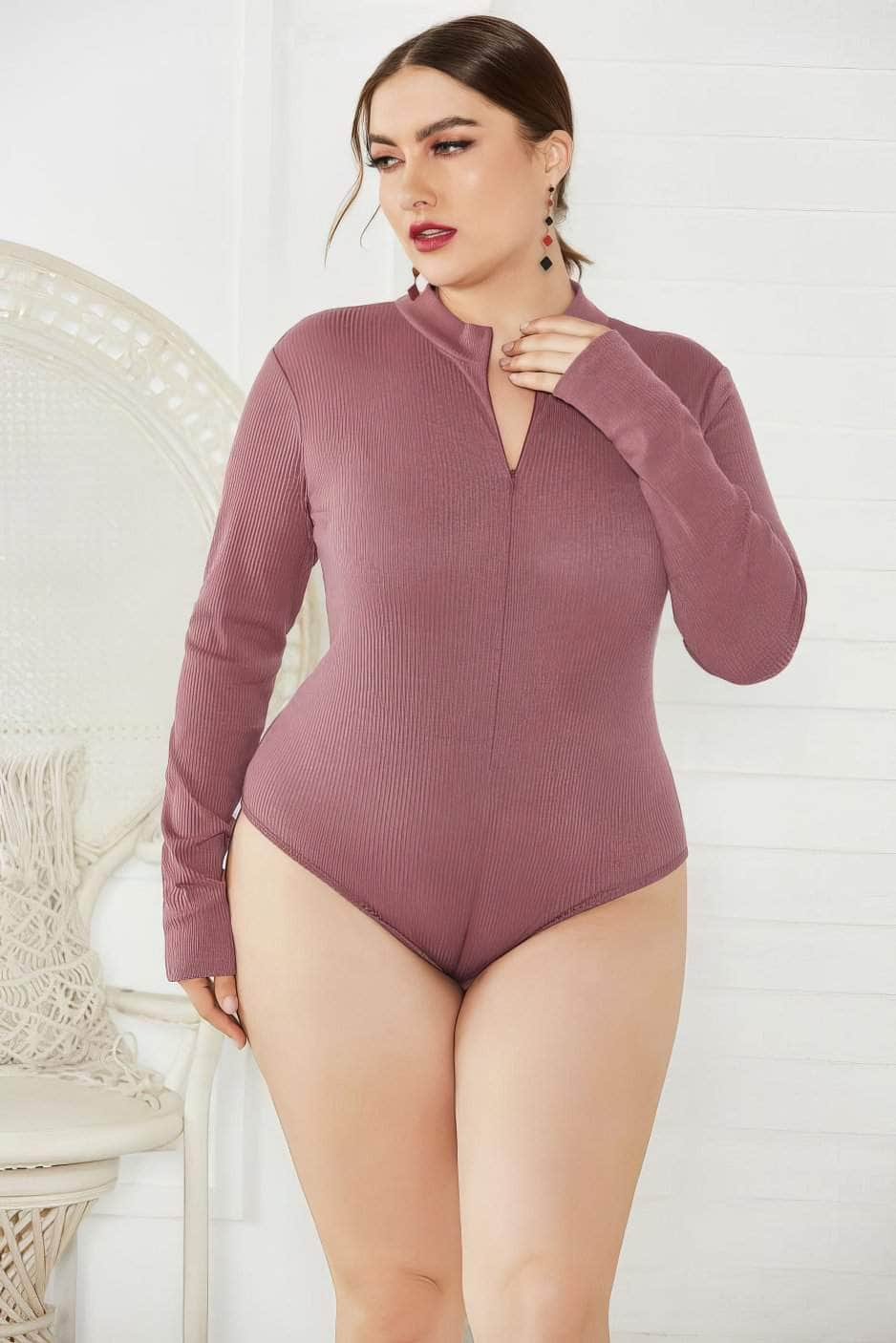 Plus Size Long Sleeves Rib Knitted Turtle Neck Bodysuit