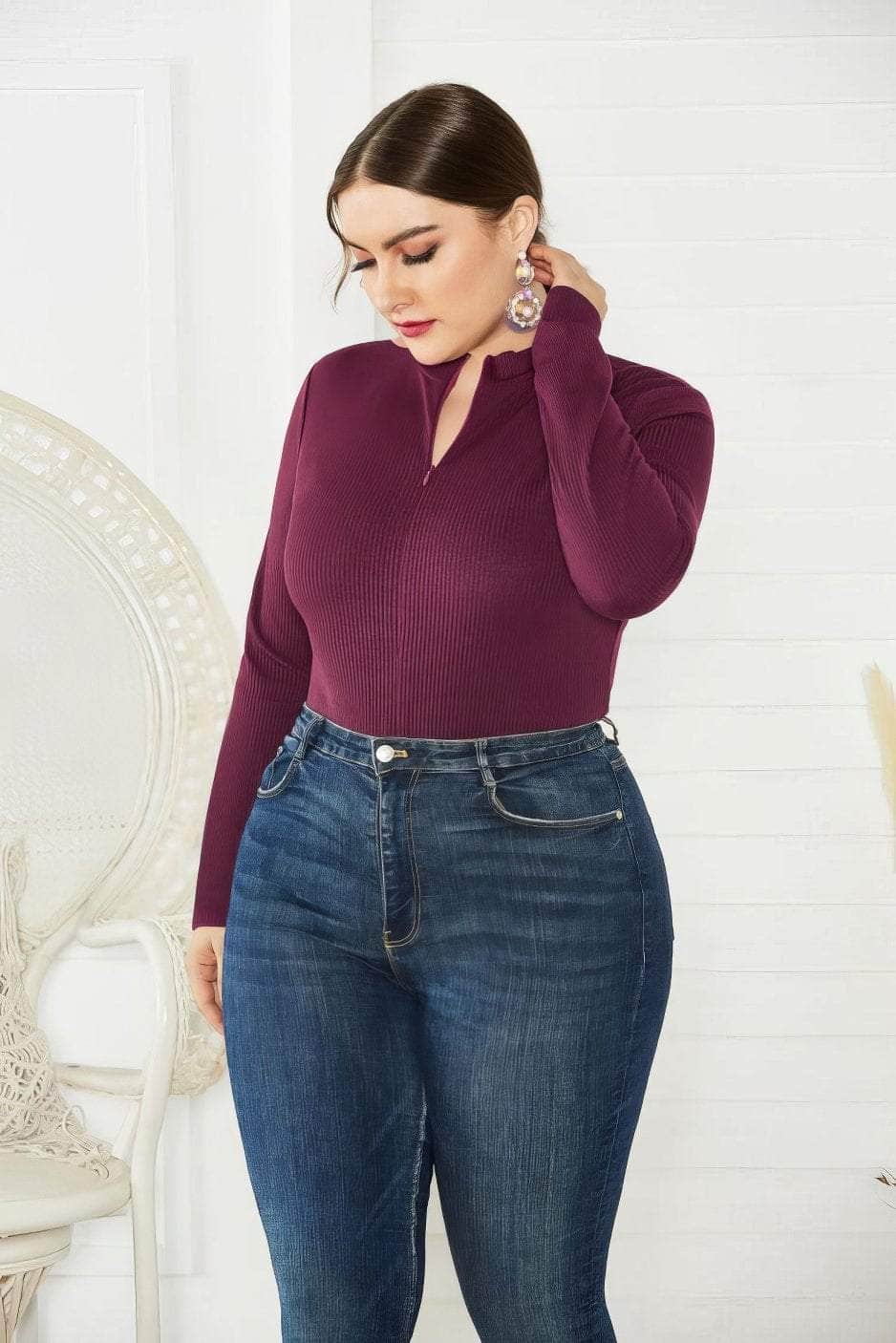 Plus Size Long Sleeves Rib Knitted Turtle Neck Bodysuit
