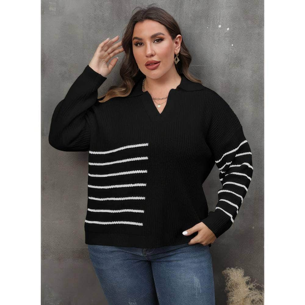 Plus Size Long Sleeves Ribbed Notched Striped Sweater Top