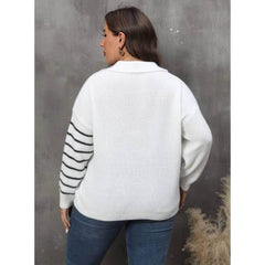 Plus Size Long Sleeves Ribbed Notched Striped Sweater Top