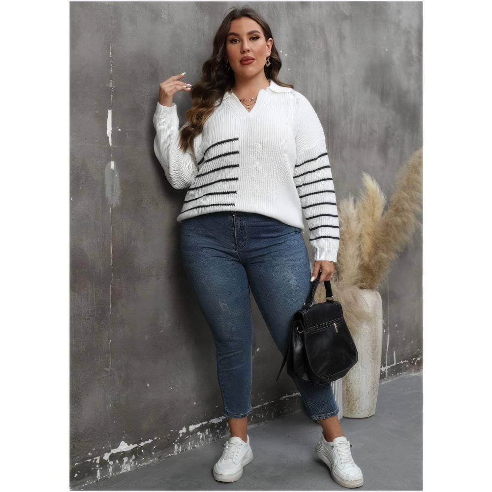 Plus Size Long Sleeves Ribbed Notched Striped Sweater Top