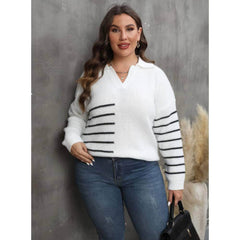 Plus Size Long Sleeves Ribbed Notched Striped Sweater Top