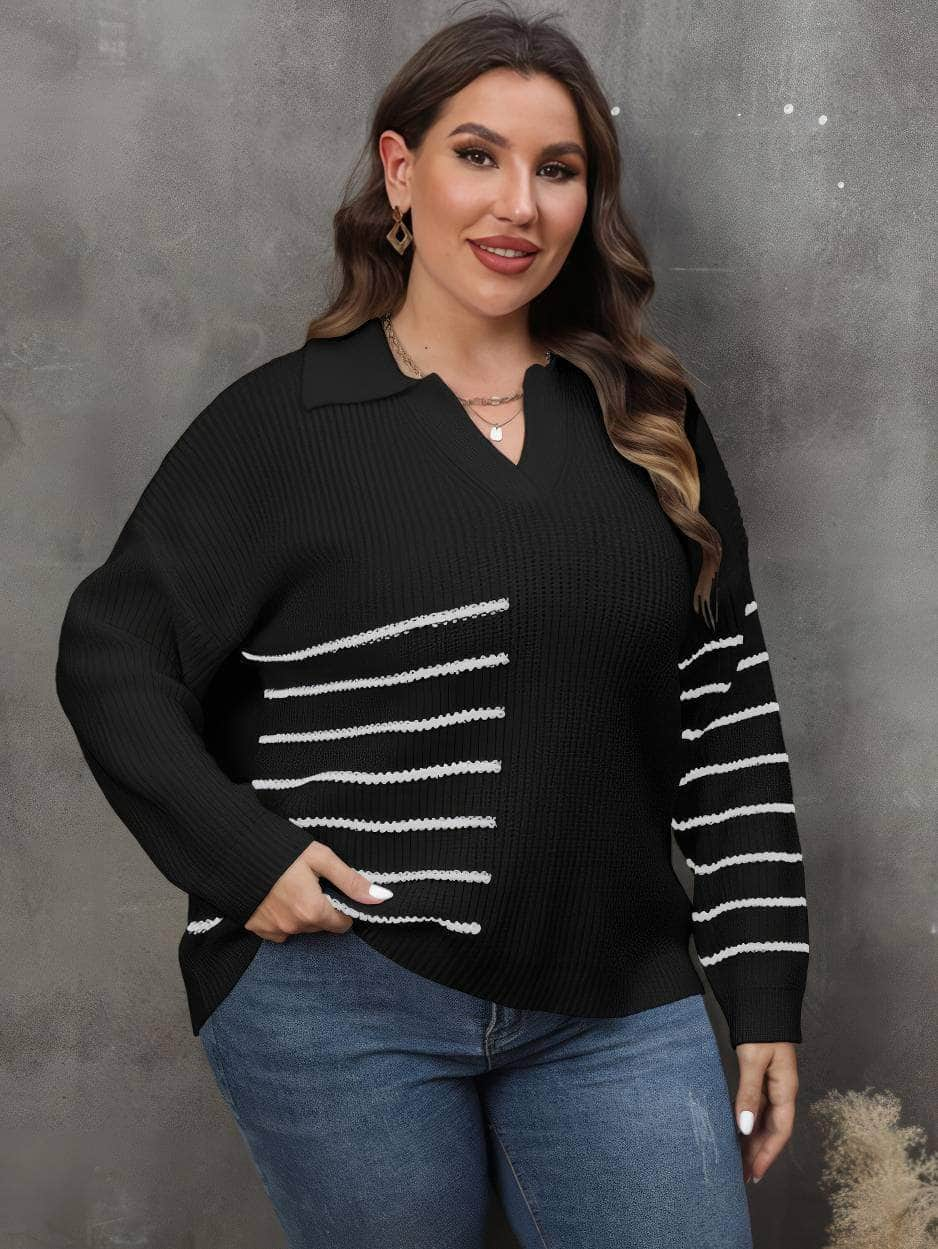 Plus Size Long Sleeves Ribbed Notched Striped Sweater Top US 12-14 / Black