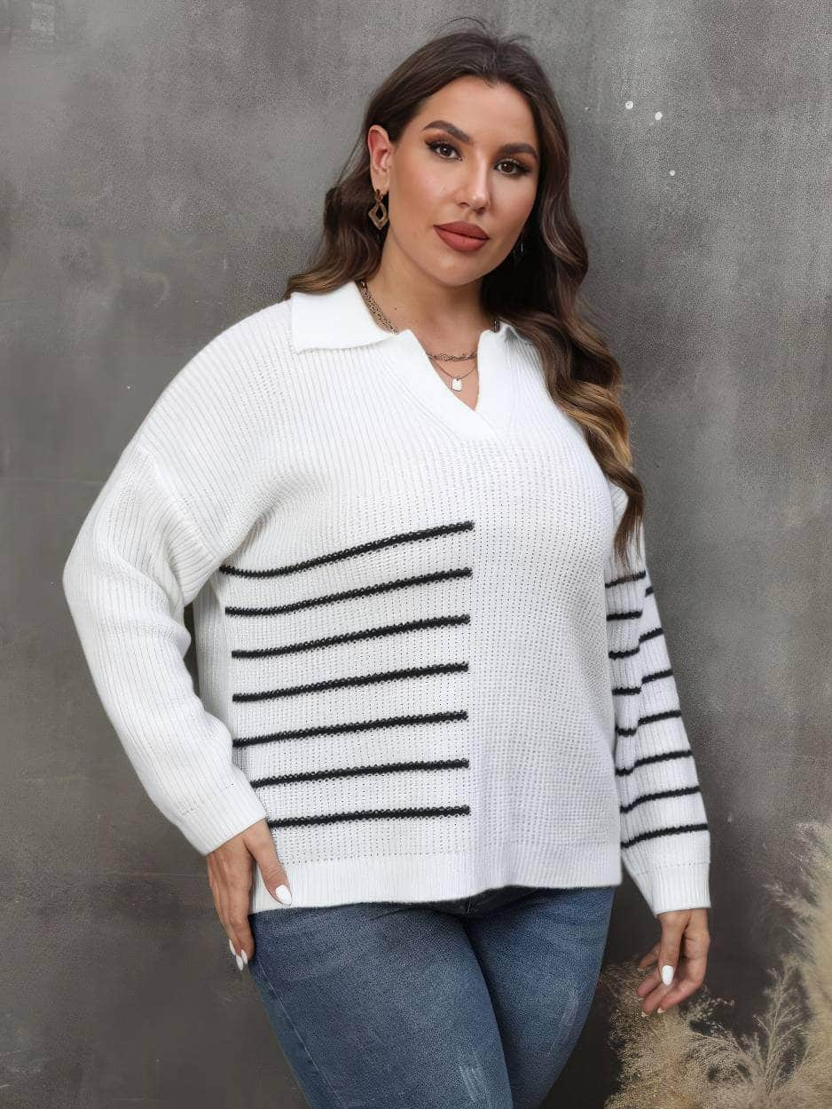 Plus Size Long Sleeves Ribbed Notched Striped Sweater Top US 12-14 / White