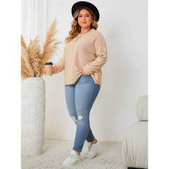 Plus Size Long Sleeves Round Neck Rib Knitted Sweater Top