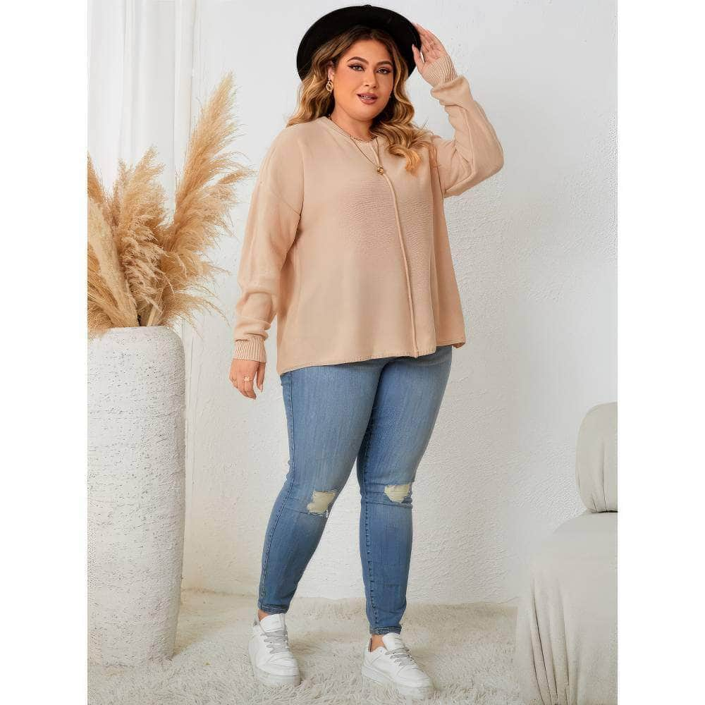 Plus Size Long Sleeves Round Neck Rib Knitted Sweater Top