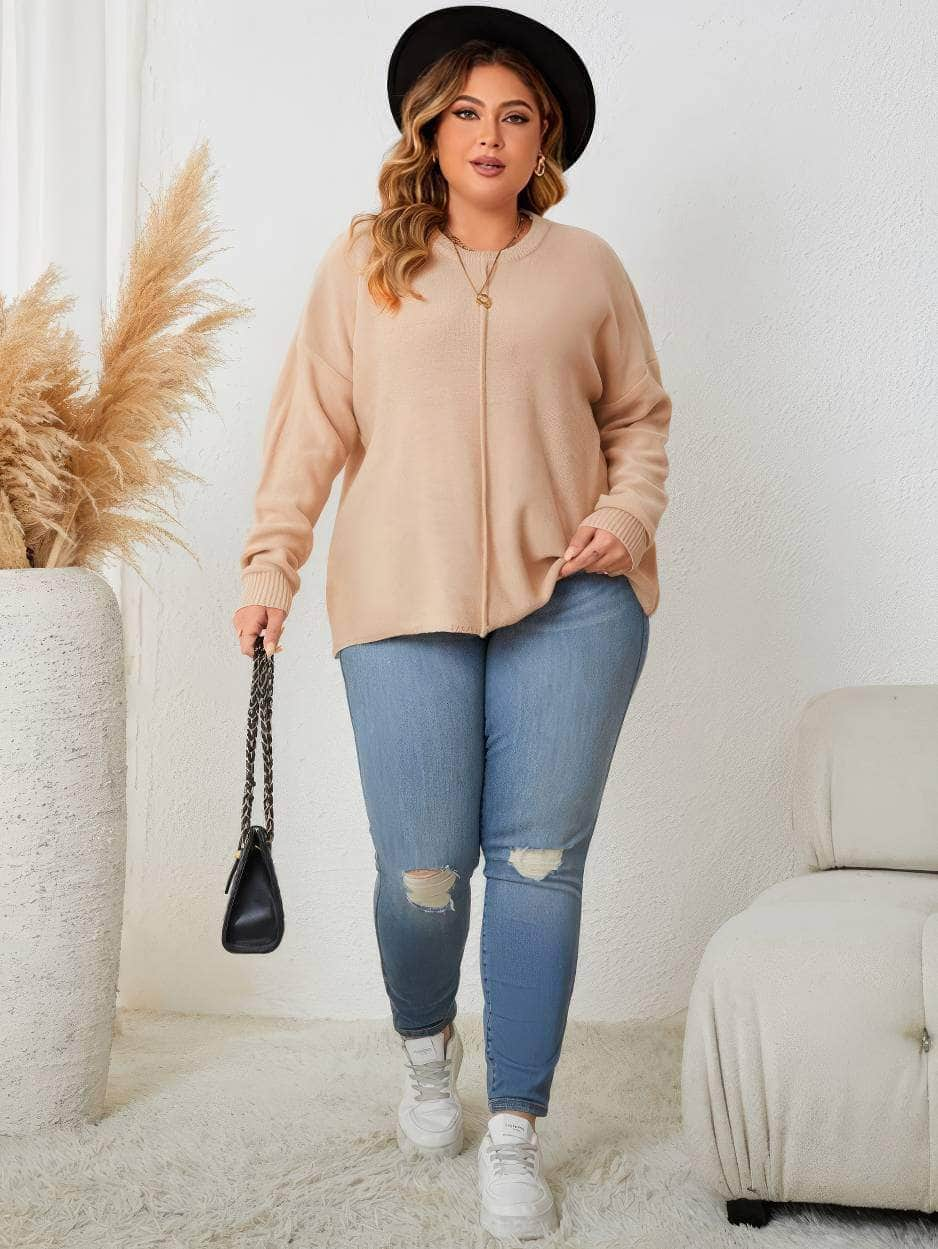 Plus Size Long Sleeves Round Neck Rib Knitted Sweater Top US 16-18 / PeachPuff