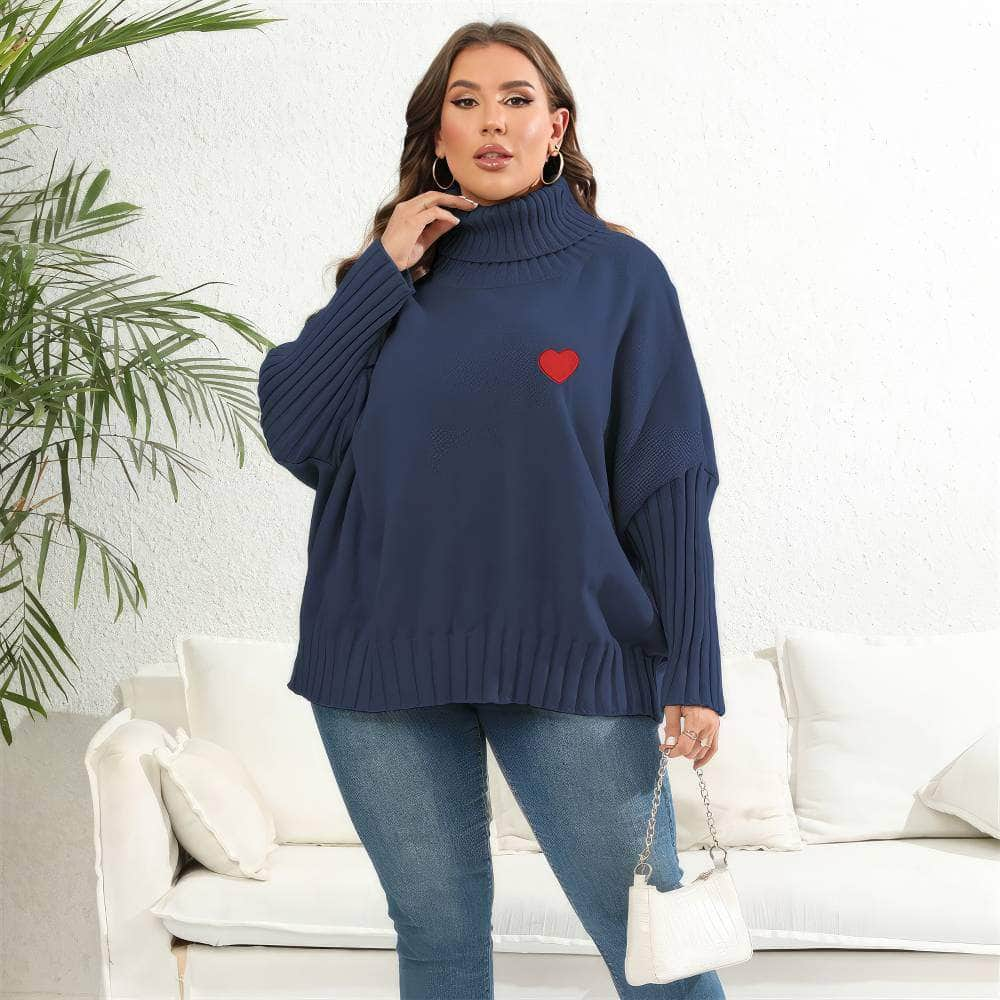 Plus Size Long Sleeves Turtle Neck Loose Sweater Top US 12-14 / Blue