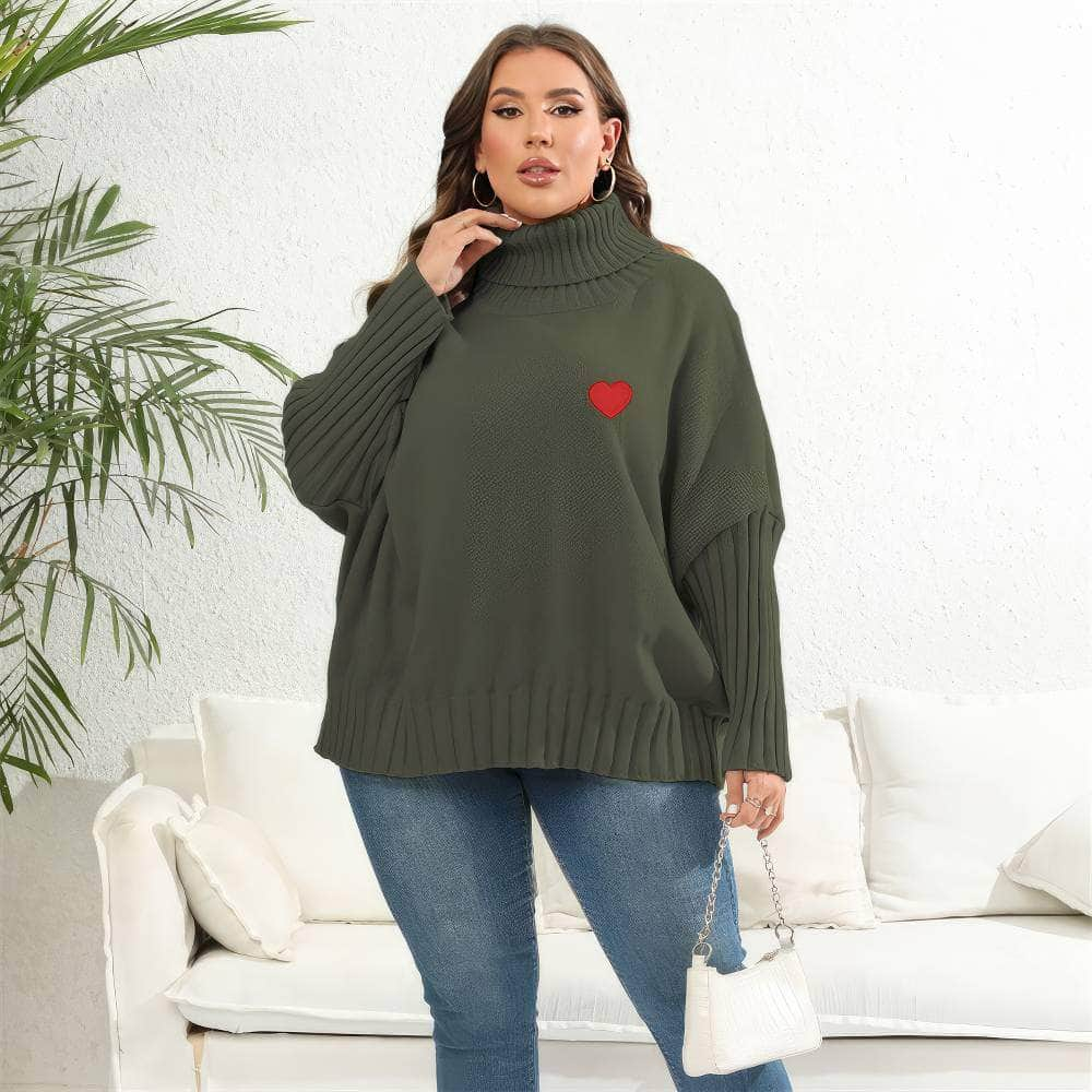 Plus Size Long Sleeves Turtle Neck Loose Sweater Top US 12-14 / DarkOliveGreen