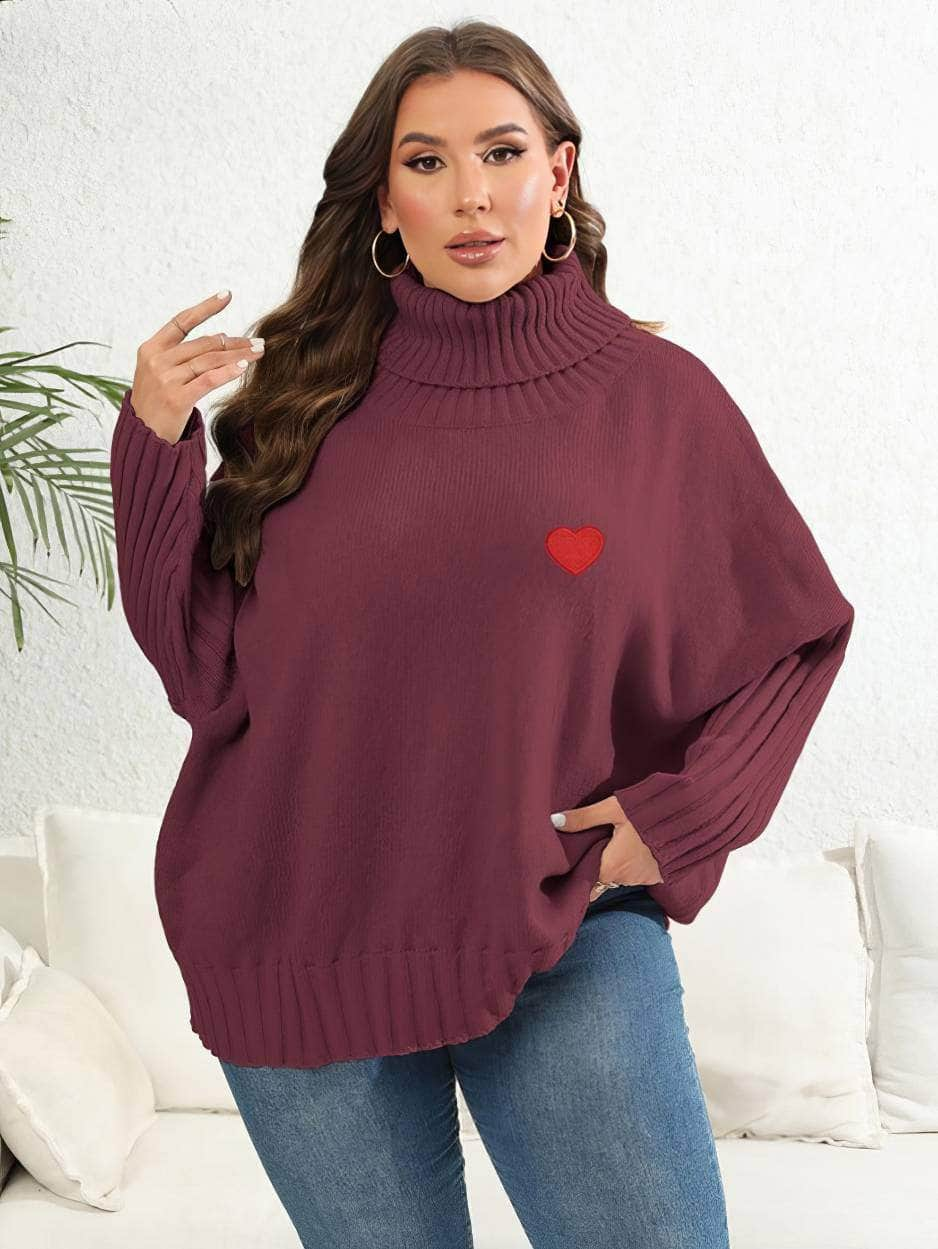 Plus Size Long Sleeves Turtle Neck Loose Sweater Top US 12-14 / Maroon