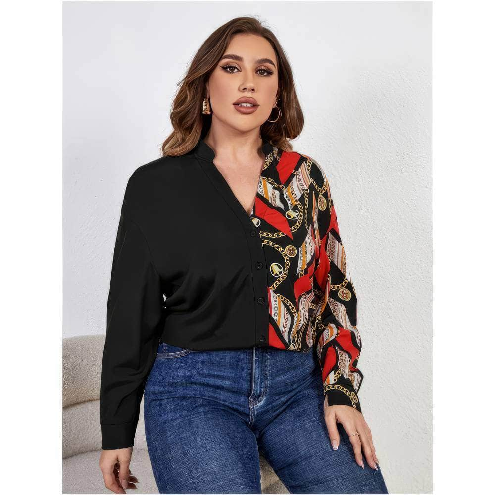 Plus Size Long Sleeves Two-Toned Loose Scarf Print Shirt