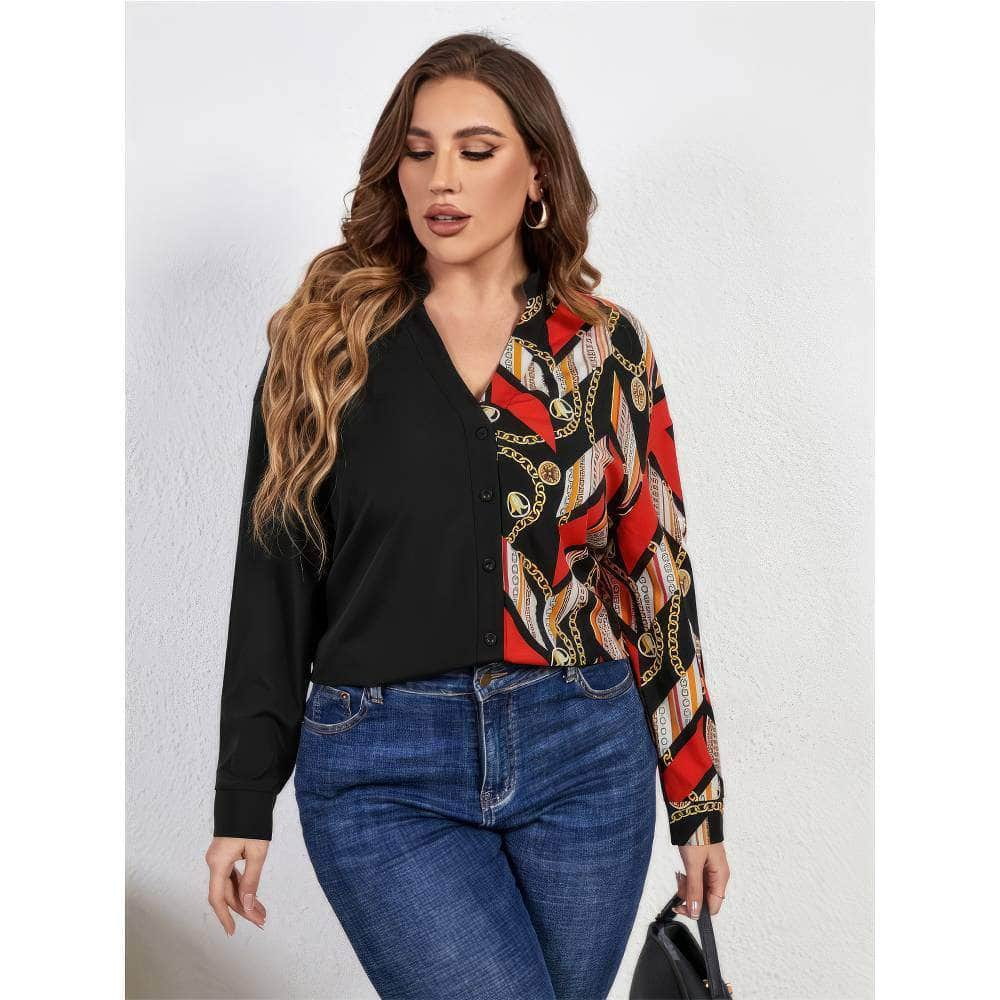 Plus Size Long Sleeves Two-Toned Loose Scarf Print Shirt