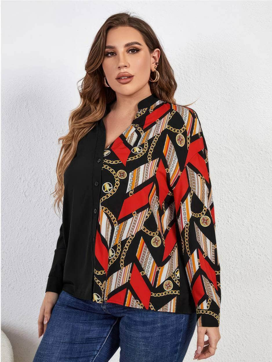 Plus Size Long Sleeves Two-Toned Loose Scarf Print Shirt US 16-18 / Black