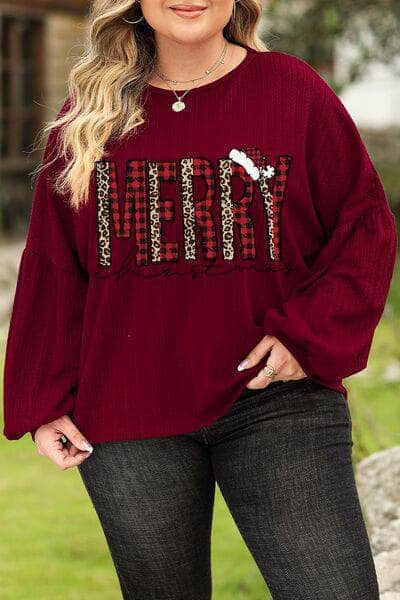 Plus Size MERRY CHRISTMAS Dropped Shoulder Top Wine / 1XL